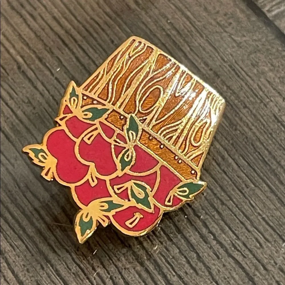 Vintage Hallmark Cards Inc. Enamel - Cloisonné Apple-in-a-basket Pin - Brooch
